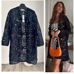 NWT Zara Black Macrame Crochet Duster Jacket